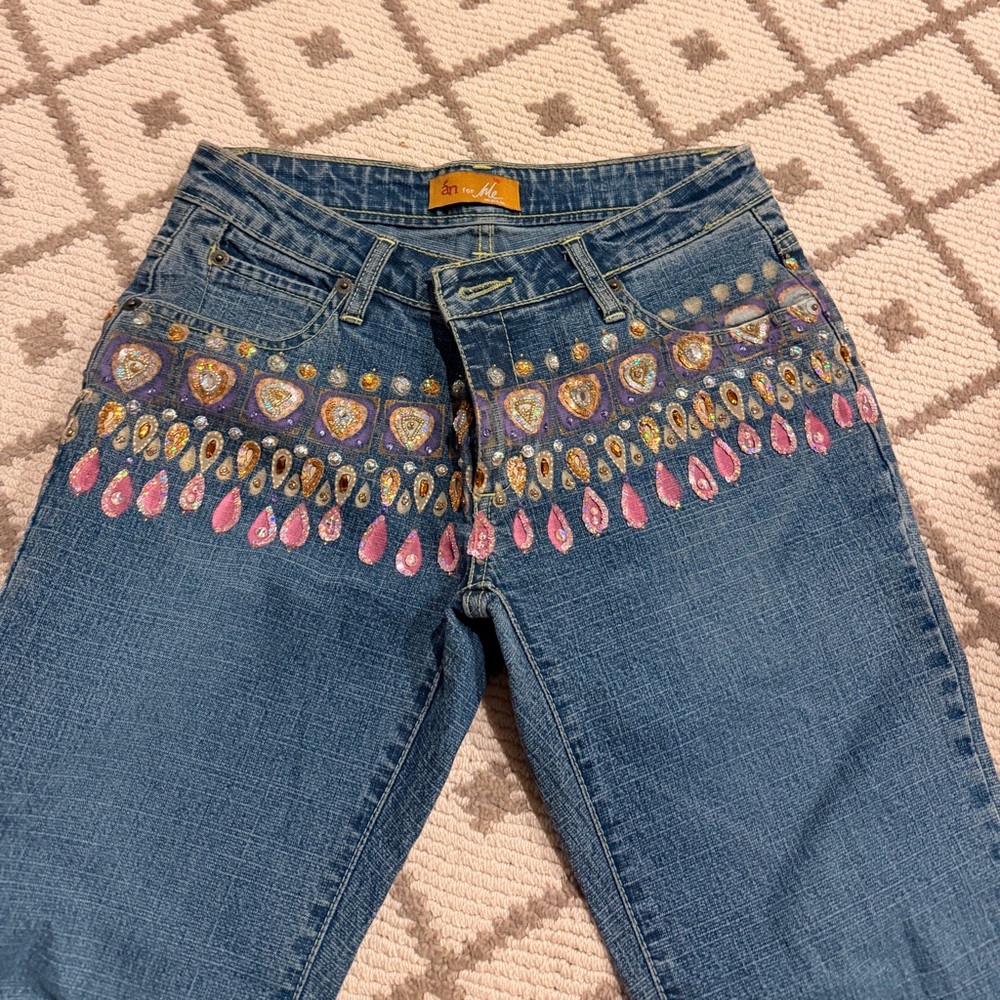 Embellished Straight Leg Jeans with Pink and Gold Accents